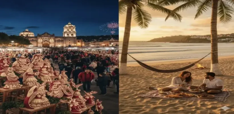 A split-screen image showing Christmas in Oaxaca. The left side features a crowded night festival in the Zócalo with intricate radish carvings on display and a historic church in the background. The right side shows a couple having a sunset picnic on a tropical beach under palm trees, with a hammock and a small campfire nearby.