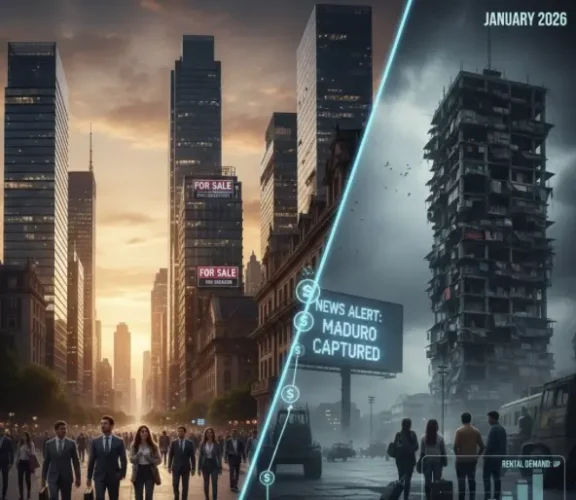 Una imagen de pantalla dividida que compara la inversión inmobiliaria en la ciudad vs. la costa de Oaxaca. A la izquierda, el Templo de Santo Domingo bajo un cielo dorado representa el "Oaxaca Capital". A la derecha, una pareja en una playa blanca frente a una villa de lujo representa "Puerto Escondido". Un mapa superpuesto con iconos destaca áreas clave de crecimiento para el "Real Estate Boom 2026".