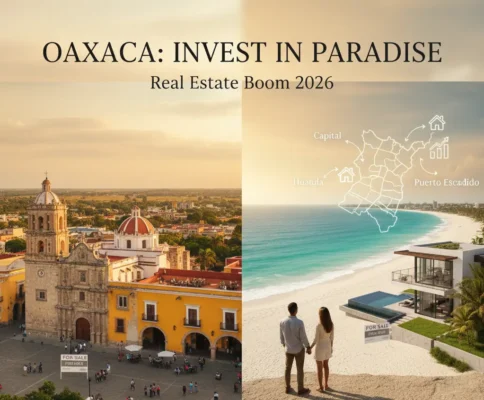 A split-screen image titled "OAXACA: INVEST IN PARADISE Real Estate Boom 2026." The left side shows the historic Santo Domingo church in Oaxaca City under a golden sunset. The right side shows a couple looking at a modern luxury villa on a white-sand beach in Puerto Escondido. An overlay map of Oaxaca highlights key investment areas: Capital, Huatulco, and Puerto Escondido.