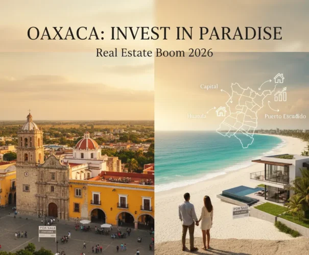 A split-screen image titled "OAXACA: INVEST IN PARADISE Real Estate Boom 2026." The left side shows the historic Santo Domingo church in Oaxaca City under a golden sunset. The right side shows a couple looking at a modern luxury villa on a white-sand beach in Puerto Escondido. An overlay map of Oaxaca highlights key investment areas: Capital, Huatulco, and Puerto Escondido.