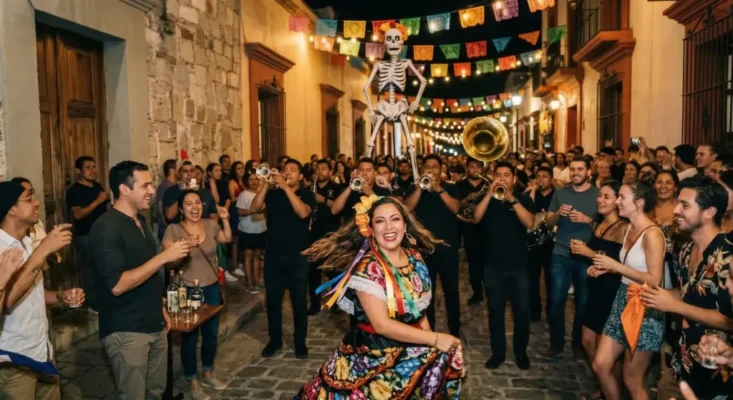 A young woman with a flower in her hair is dancing at a large street party in Oaxaca. She is wearing a colorful embroidered dress and smiling. Around her, a large crowd of people are dancing, drinking, and watching a brass band play. In the background, there is a large skull, colorful flags, and strings of lights.