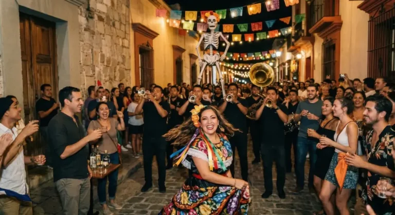 A young woman with a flower in her hair is dancing at a large street party in Oaxaca. She is wearing a colorful embroidered dress and smiling. Around her, a large crowd of people are dancing, drinking, and watching a brass band play. In the background, there is a large skull, colorful flags, and strings of lights.