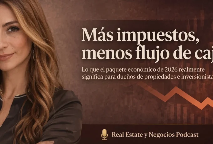Dolores Perez posa profesionalmente junto a un gráfico de tendencia bajista. El texto en inglés dice: "More taxes, less cash flow. What the 2026 economic package really means for property owners and investors". Debajo, el logo de "Real Estate & Business Podcast".