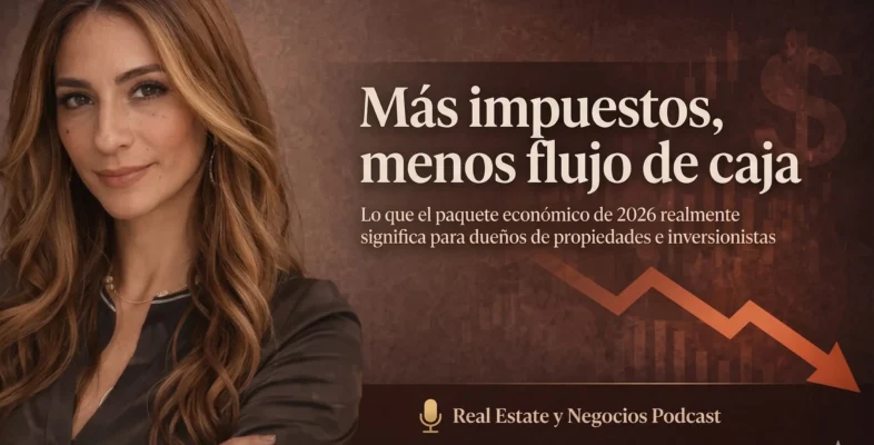 Dolores Perez posa profesionalmente junto a un gráfico de tendencia bajista. El texto en inglés dice: "More taxes, less cash flow. What the 2026 economic package really means for property owners and investors". Debajo, el logo de "Real Estate & Business Podcast".