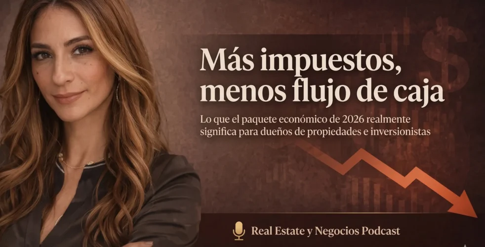 Dolores Perez posa profesionalmente junto a un gráfico de tendencia bajista. El texto en inglés dice: "More taxes, less cash flow. What the 2026 economic package really means for property owners and investors". Debajo, el logo de "Real Estate & Business Podcast".