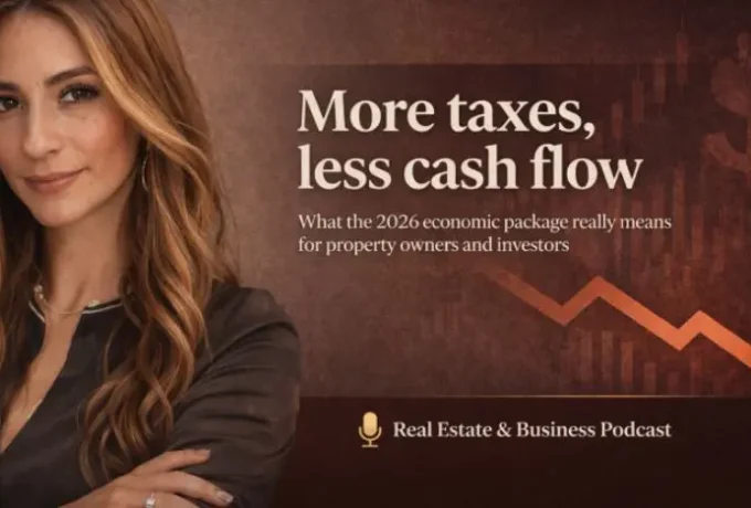 Dolores Perez posa profesionalmente junto a un gráfico de tendencia bajista. El texto en inglés dice: "More taxes, less cash flow. What the 2026 economic package really means for property owners and investors". Debajo, el logo de "Real Estate & Business Podcast".