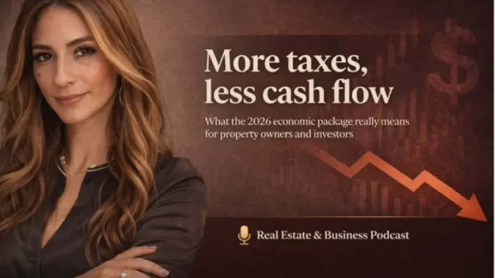 Dolores Perez posa profesionalmente junto a un gráfico de tendencia bajista. El texto en inglés dice: "More taxes, less cash flow. What the 2026 economic package really means for property owners and investors". Debajo, el logo de "Real Estate & Business Podcast".